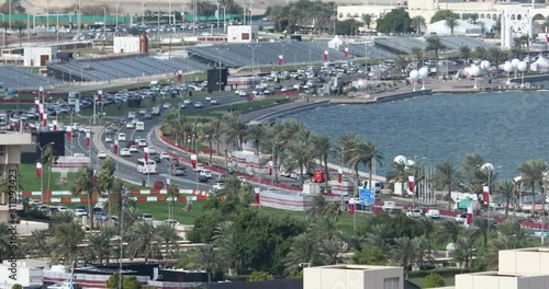 Aerial city view of Doha Cornich with a lot of traffic .Qatar