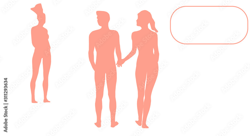 Young people holding hands, students or workers. Concept girl jealous of a guy for treason. Flat vector set illustration. Isolated characters on a white background. Copy space for text and your design