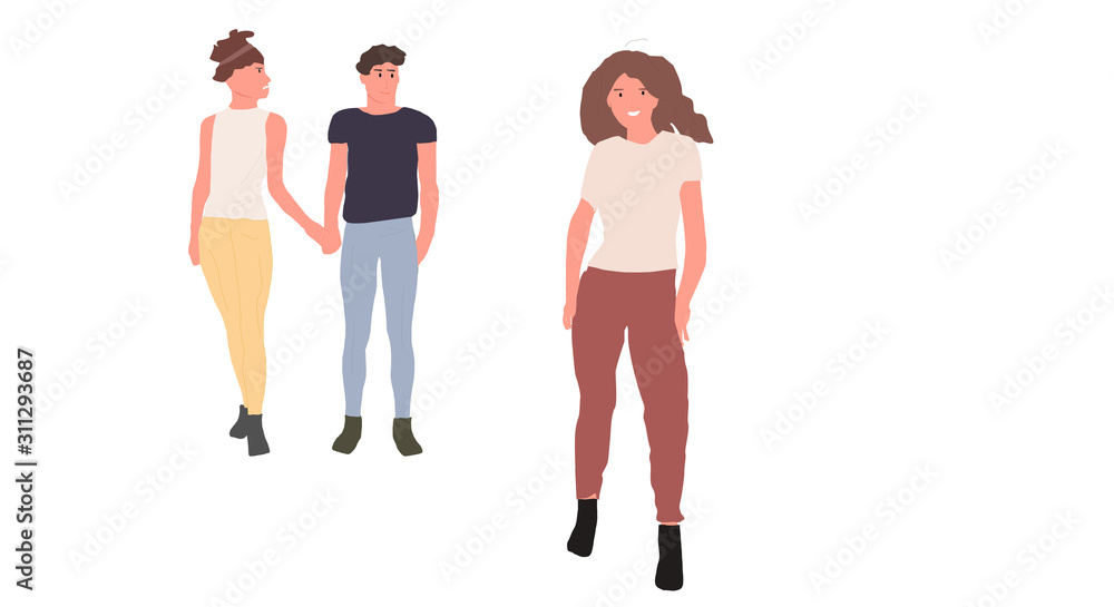 Young people hold hands, students. Concept girl jealous of being angry at  guy for cheating. Flat