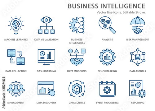 Business Intelligence icons set. Vector illustration. Editable stroke.