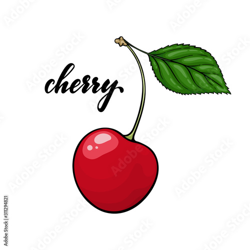 Beautiful cartoon red cherry with lettering text cherry. design for holiday greeting card and invitation of seasonal summer holidays, beach parties, tourism and travel.