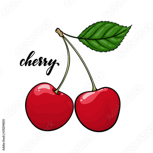 Beautiful cartoon red cherry with lettering text cherry. design for holiday greeting card and invitation of seasonal summer holidays, beach parties, tourism and travel.