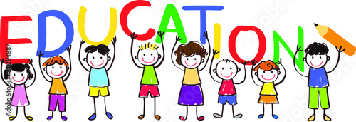  group of smiling children holding the letters "education"