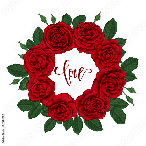 happy Valentine day. Love. Hand drawn creative calligraphy and brush pen lettering with border wreath of red roses and leaves. design holiday greeting card, invitation Valentine s day, Happy love day