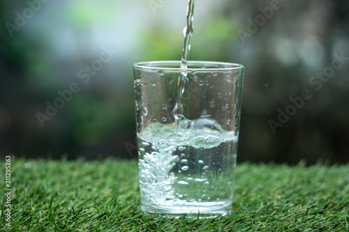 glass of water on green background of grass