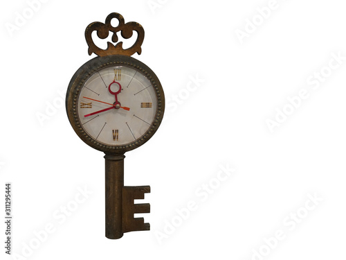 Front view antique Wall clock key holder on white background, object, vintage, copy space