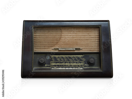 Front view Di cut antique Radio on white background,technology, object, copy space