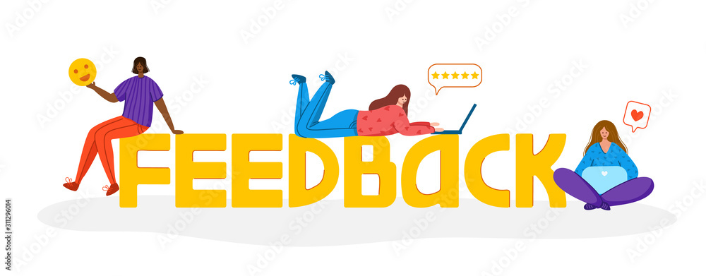 Fototapeta People with laptop and stars - Client feedback or review concept, online service evaluation, young women and giant word feedback, flat tiny people and huge objects, trendy characters, Vector