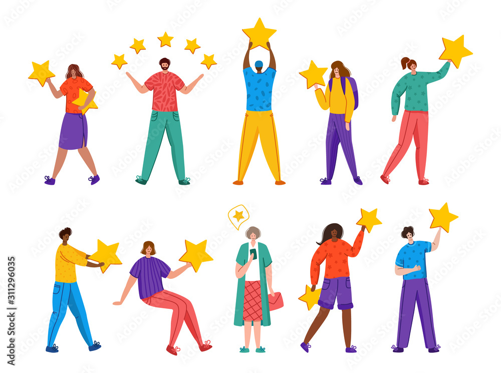 Fototapeta premium People with stars - Client feedback or review concept, online service evaluation, happy customers and their feedback, flat modern people and rating stars, smiles, likes, men and women, Vector