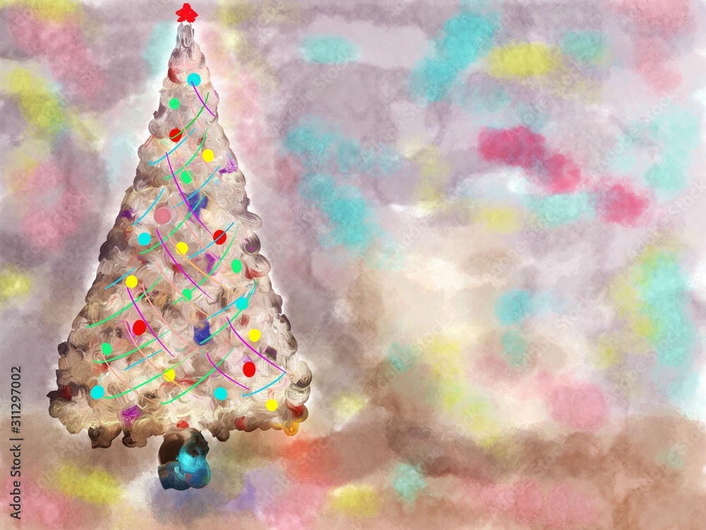 Colorful festive tree on watercolor background.