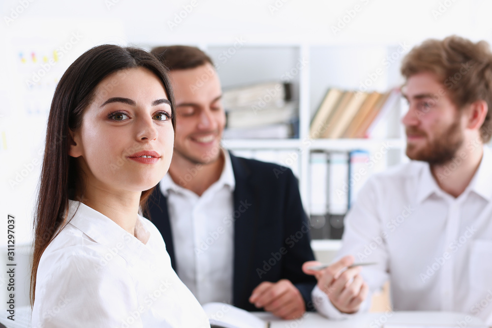 Beautiful smiling cheerful girl at workplace Beautiful smiling cheerful girl at workplace