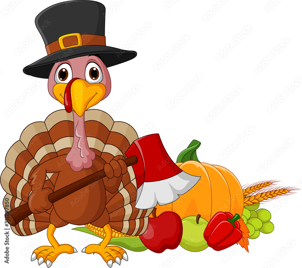 Cartoon turkey holding axe with harvest cornucopia collection Cartoon turkey holding axe with harvest cornucopia collection