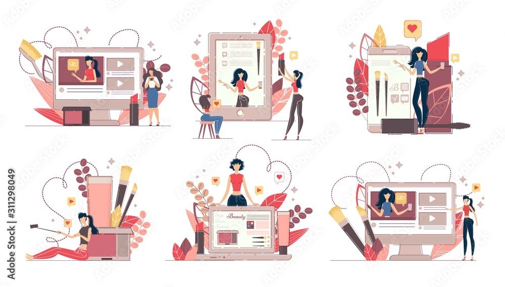 Fashion Blog and Beauty Vlog in Social Media Set. Women Creating Makeup Posts, Video Tutorials and Presenting Feminine Cosmetics. Trading Online Internet Platform Creation. Likes and Feedbacks Fashion Blog and Beauty Vlog in Social Media Set. Women Creating Makeup Posts, Video Tutorials and Presenting Feminine Cosmetics. Trading Online Internet Platform Creation. Likes and Feedbacks