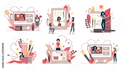 Fashion Blog and Beauty Vlog in Social Media Set. Women Creating Makeup Posts, Video Tutorials and Presenting Feminine Cosmetics. Trading Online Internet Platform Creation. Likes and Feedbacks