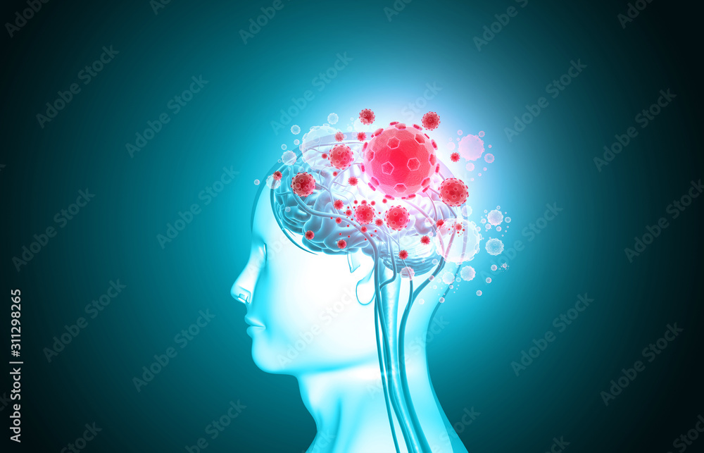 Virus attacking a human brain. male figure with brain and virus cells. 3d illustration.