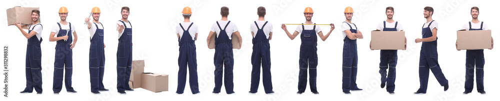 panoramic collage of skilled handyman isolated on white panoramic collage of skilled handyman isolated on white