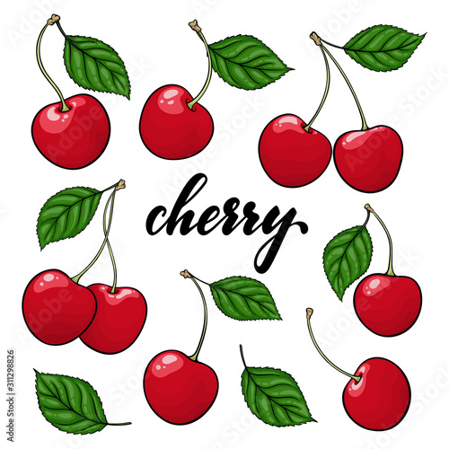 set of Beautiful cartoon red cherries with black contour, symbol of summer. design for holiday greeting card and invitation of seasonal summer holidays, beach parties, tourism and travel.