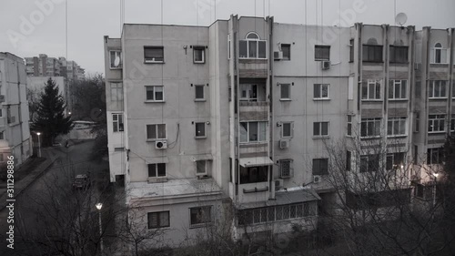 BW Old Communism Apartment Building Soviet Era Slow Motion 4k