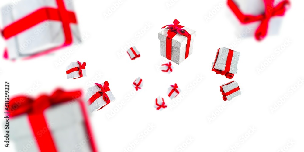 Gift boxes background. Falling gifts with red ribbons. Happy Birthday or party greeting card Gift boxes background. Falling gifts with red ribbons. Happy Birthday or party greeting card