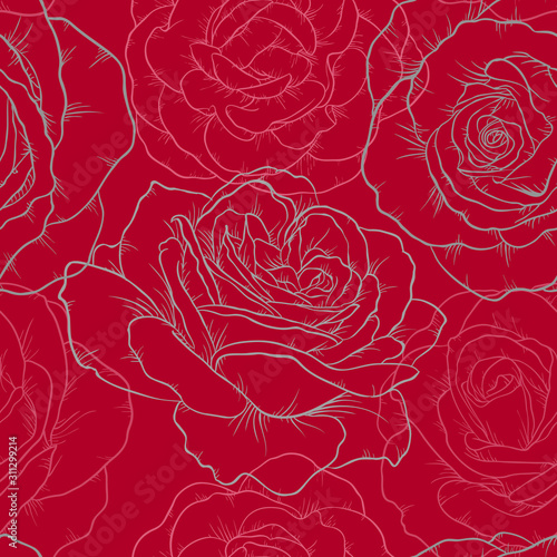 Beautiful monochrome black and white seamless pattern with line roses. Hand drawn contour lines. design greeting card and invitation of the wedding, birthday, Valentine s Day, mother s day, holiday