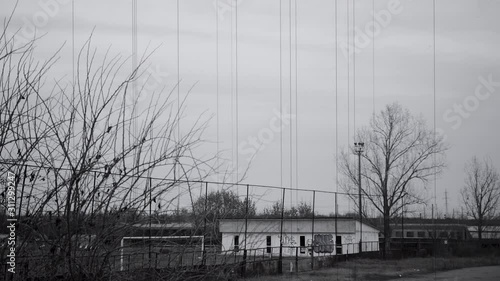 BW Shot of Abandoned Football Field Pitch 4k