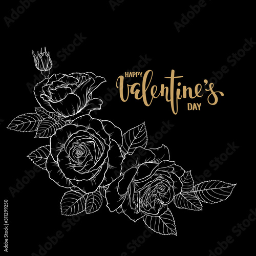 happy Valentine s day. Hand drawn creative calligraphy and brush pen lettering with border of bouquet roses and leaves. design holiday greeting card and invitation Valentine s day, Happy love day