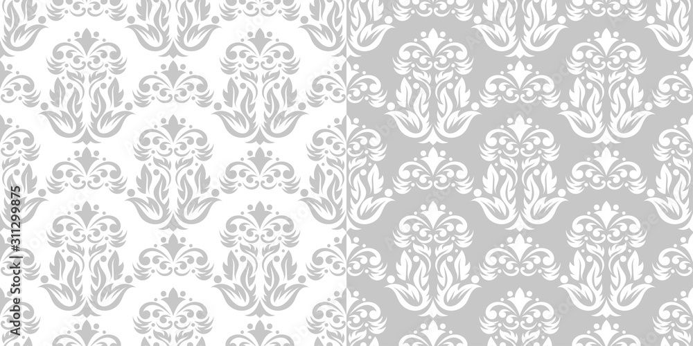 Compilation of gray and white floral patterns. Set of seamless backgrounds