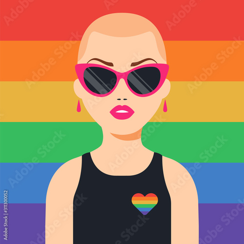 Lesbian bald girl on the background of the LGBT flag. Strong woman. flat vector illustration.