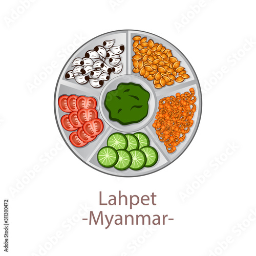 top view of popular food of ASEAN national,Laphet,in cartoon