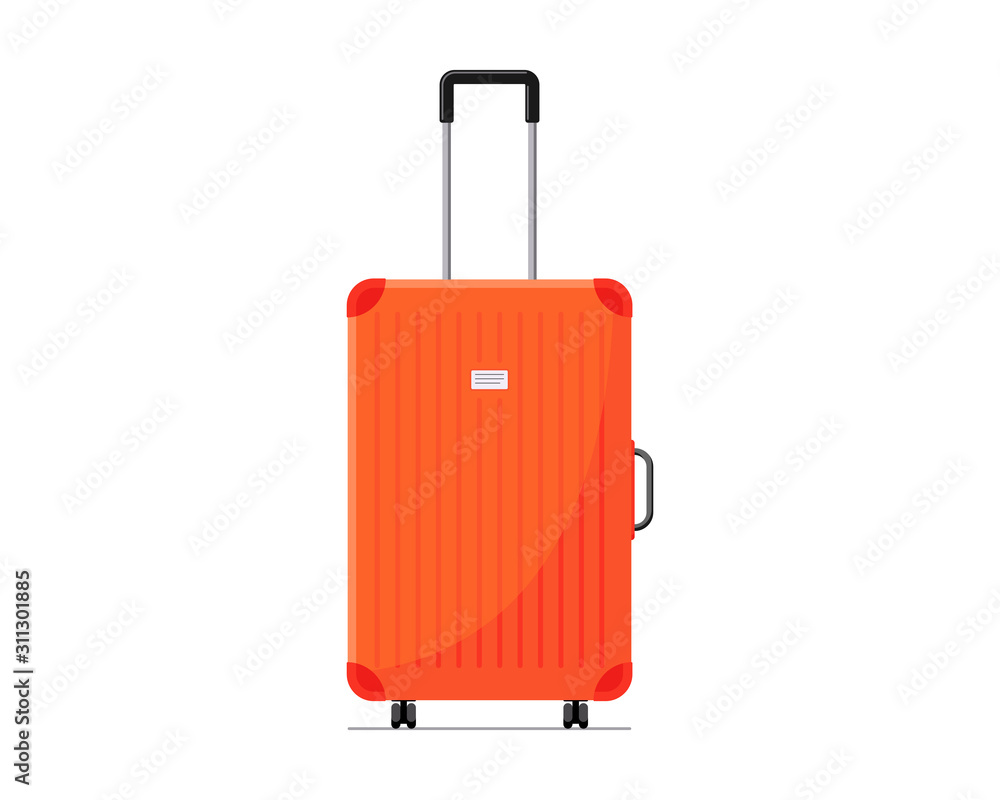 Red plastic suitcase baggage for travel with wheels and retractable handle  front view. Luggage bag for summer vacatoin jourmey flat vector  illustration Stock-Vektorgrafik | Adobe Stock