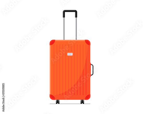Red plastic suitcase baggage for travel with wheels and retractable handle front view. Luggage bag for summer vacatoin jourmey flat vector illustration