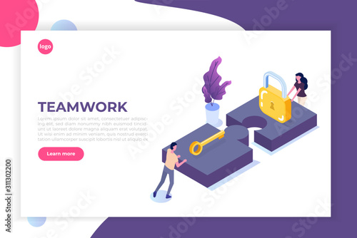 People connecting puzzle element. Teamwork, cooperation, partnership metaphor. Vector illustration isometric style.