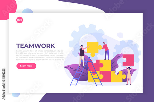 People connecting puzzle element. Teamwork, cooperation, partnership metaphor. Vector illustration flat design style.