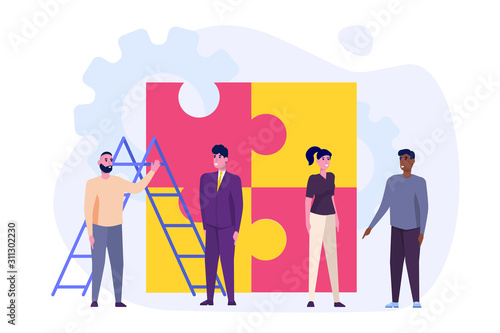 People connecting puzzle element. Teamwork, cooperation, partnership metaphor. Vector illustration flat design style.