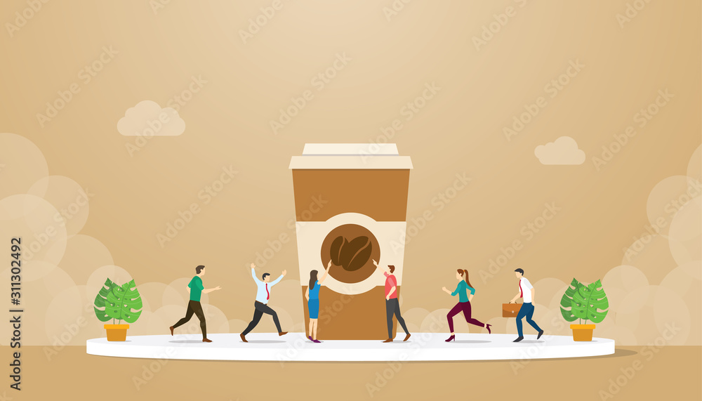 coffee addiction with cup of tall coffee glass with people running to catch with modern flat style - vector coffee addiction with cup of tall coffee glass with people running to catch with modern flat style - vector