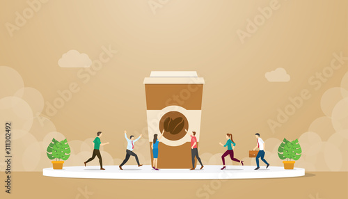 coffee addiction with cup of tall coffee glass with people running to catch with modern flat style - vector