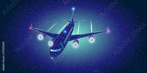 Abstract airliner structure grid. Outline wireframe digital concept. Aircraft flying in starry sky. Travel, tourism, transport. Airplane futuristic vector illustration.