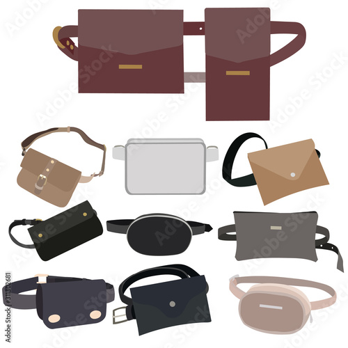 vector, isolated, belt women bag, set, collection