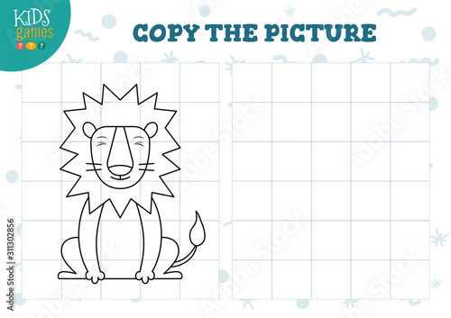 Copy picture by grid vector illustration. Educational mini game, puzzle for preschool kids