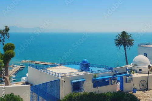 White with blue windows arabic house against the sea in Sidi Bou Said. Seascape, mountains and palm trees in Tunisia