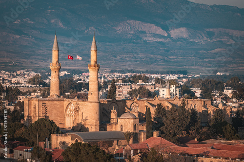 Obraz na płótnie Beautiful aerial view over old town of Nicosia, Northern Cyprus and Selimiye Mosque in Cyprus w salonie