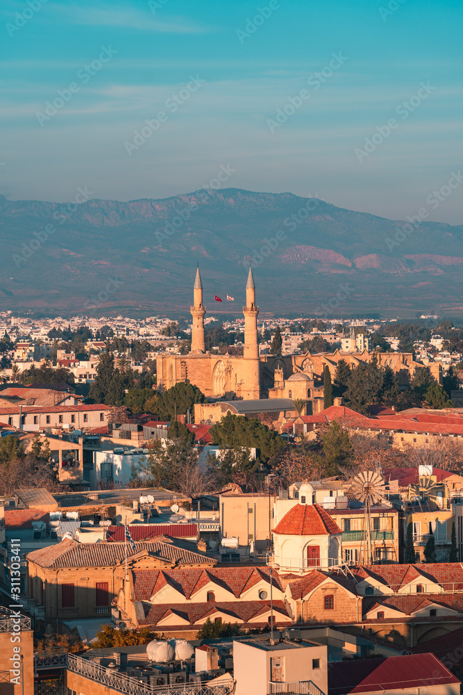 Beautiful aerial view over old town of Nicosia, Northern Cyprus and Selimiye Mosque in Cyprus 