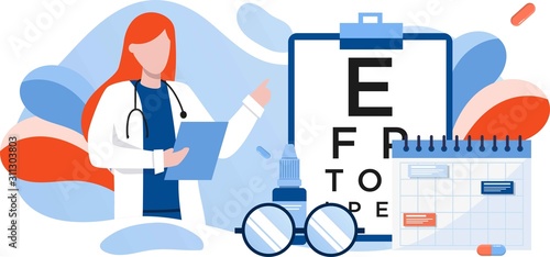Eye test procedure and prescription glasses concept. Ophthalmology medical concept with glasses, eye examination, eye drop. Ophthalmologist online doctor eyesight check up. For banner, landing, flyer