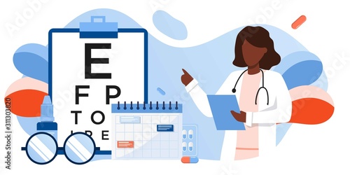 Eye test procedure and prescription glasses concept. Ophthalmology medical concept with glasses, eye examination, eye drop. Ophthalmologist online doctor eyesight check up. For banner, landing, flyer
