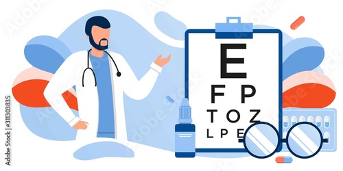 Eye test procedure and prescription glasses concept. Ophthalmology medical concept with glasses, eye examination, eye drop. Ophthalmologist online doctor eyesight check up. For banner, landing, flyer