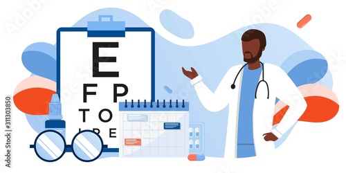 Eye test procedure and prescription glasses concept. Ophthalmology medical concept with glasses, eye examination, eye drop. Ophthalmologist online doctor eyesight check up. For banner, landing, flyer