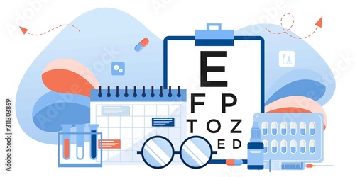 Eye test procedure and prescription glasses concept. Ophthalmology medical concept with glasses, eye examination, eye drop. Ophthalmologist online doctor eyesight check up. For banner, landing, flyer