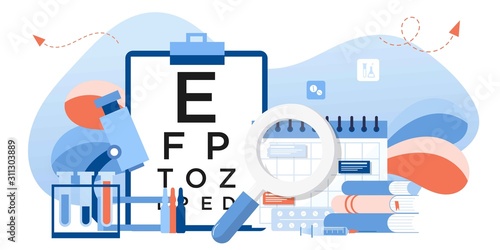 Eye test procedure and prescription glasses concept. Ophthalmology medical concept with glasses, eye examination, eye drop. Ophthalmologist online doctor eyesight check up. For banner, landing, flyer