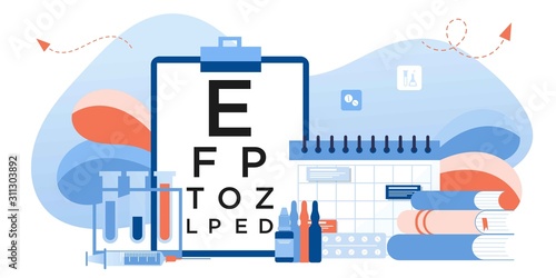 Eye test procedure and prescription glasses concept. Ophthalmology medical concept with glasses, eye examination, eye drop. Ophthalmologist online doctor eyesight check up. For banner, landing, flyer