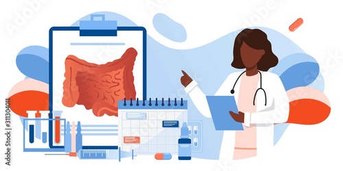 Digestive system health. Treat dysbiosis, harmful bacteria, intestine doctor examine. Doctor appointment. Online consultation. Human anatomy healthcare medical concept. For landing page, banner, flyer